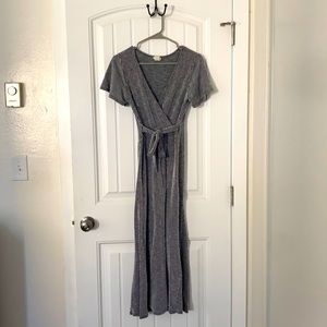 Dark grey and white striped dress with sleeves and tie front